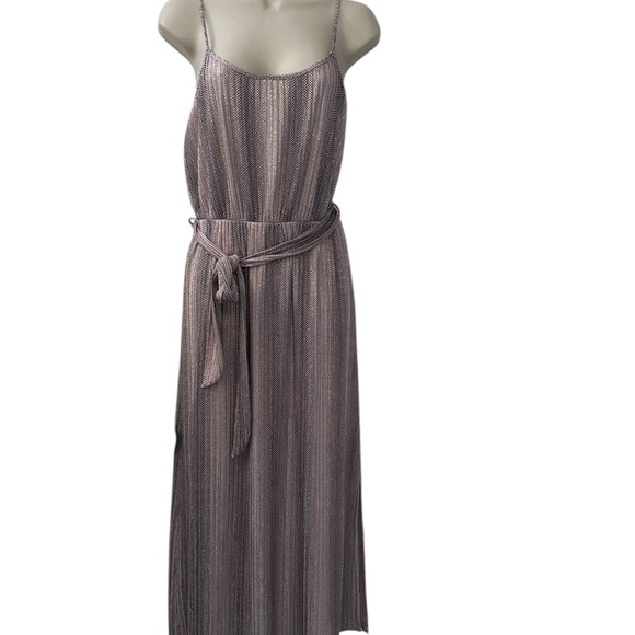 All in Favor Women’s Small Pink Rose Gold Metallic Ribbed Maxi Dress Belted - Picture 1 of 12